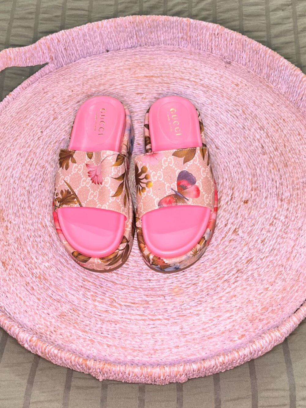 Gucci Beige & Pink Floral Monogram Platform Slide Sandals - Picture 3 of 4
